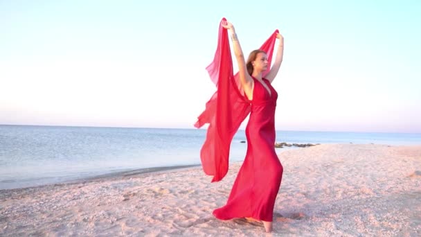 Slow Motion Beautiful Girl Seashore Long Red Dress — Stock videók