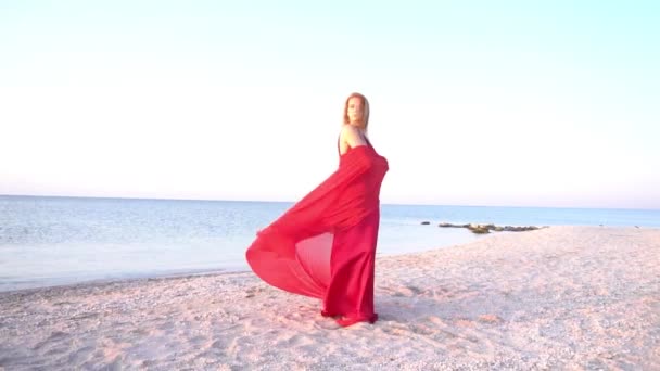 长有长丝翅膀的红色连衣裙女人 穿着飘逸的连衣裙 带着飘逸的面料 — 图库视频影像