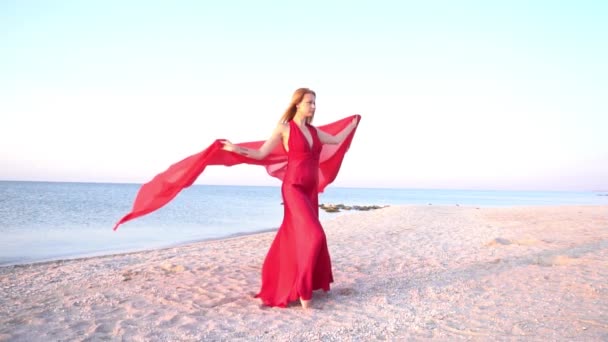 Slow Motion Sexy Young Woman Long Red Dress Flying Wind — 비디오