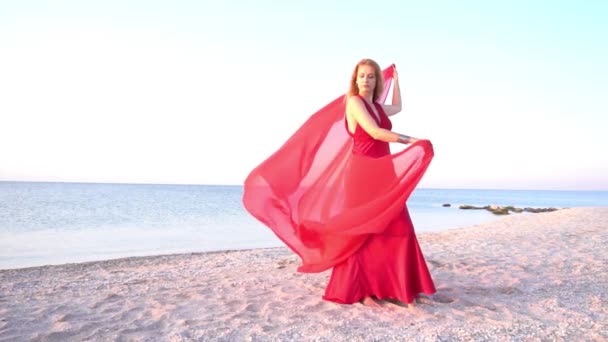 Slow Motion Beautiful Young Woman Red Dress Sea Side — Stockvideo