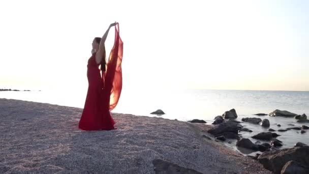 Woman Posing Red Dress Long Train Sea — 비디오