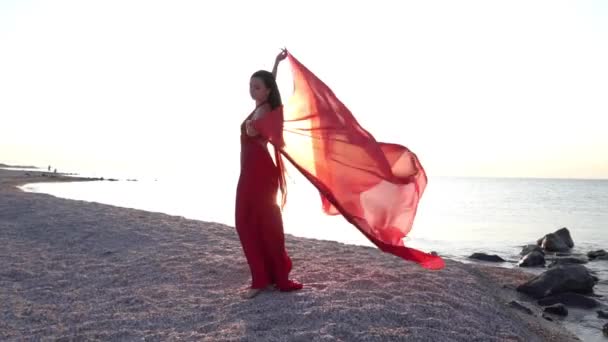 Girl Loose Hair Red Dress Stands Sea — Video