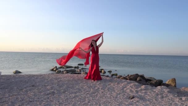 Slow Motion Beautiful Sensual Woman Red Long Dress Posing Sea — Vídeo de Stock