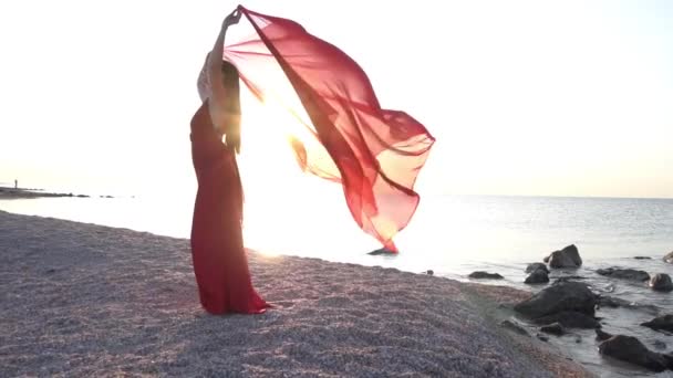 Woman Rear View Red Flying Dress Fluttering Wind Girl Waving — Video