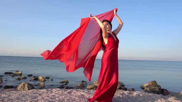 Slow Motion Mooie Brunette Meisje Een Rode Jurk Poseren — Stockvideo