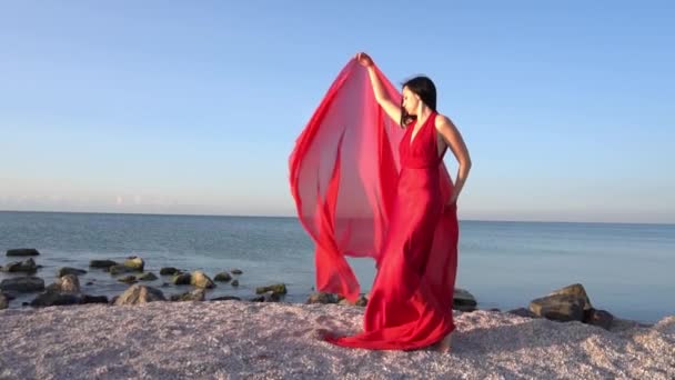 Slow Motion Beautiful Young Woman Red Long Dress — Video