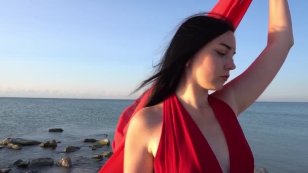 Beautiful Woman Posing Luxurious Red Dress Long Train Standing — Video