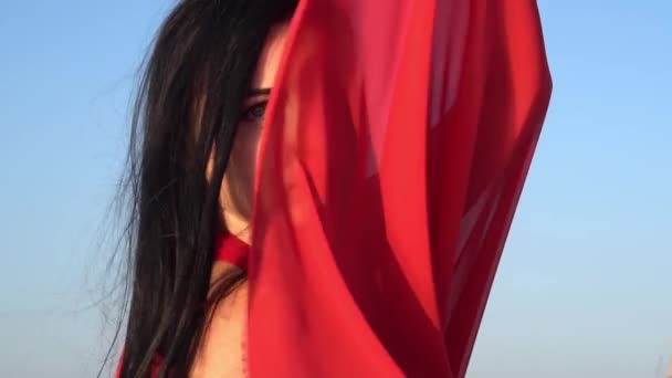 Slow Motion Gorgeous Fashion Model Elegant Red Dress Posing Sea — Video