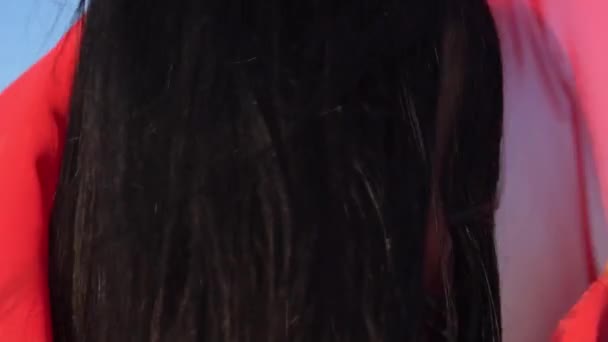 Slow Motion Closeup Portrait Sensual Young Brunette Woman Red Dress — Video
