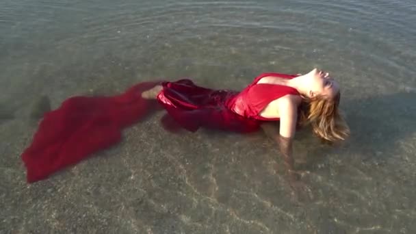 Slow Motion Woman Summer Long Red Dress Outdoor — Vídeo de stock