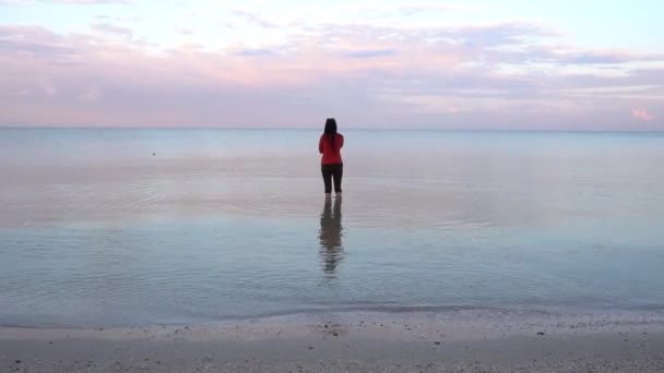 迷人而快乐的女人沿着海滨散步 — 图库视频影像