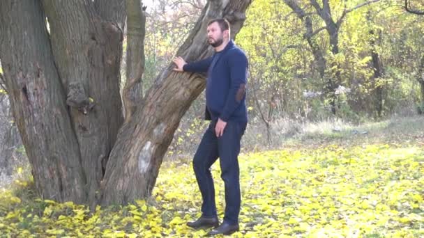 Slow Motion Positive Middle Aged Man Alone Beautiful Autumn Day — Video