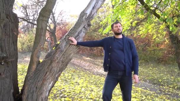 Slow Motion Man Хорошим Настроением Портрет Открытом Воздухе Осеннем Парке — стоковое видео