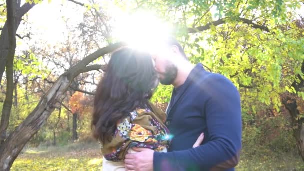 Slow Motion Couple Lovers Hugging Kissing Park Sunset — Stockvideo