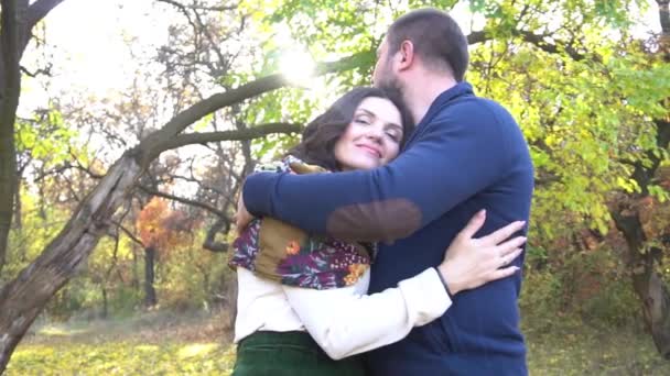 Two Lovers Standing Alley Autumn Park Hugging Each Other — Stock videók