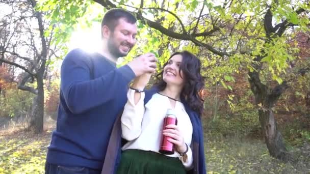 幸せなカップルで愛お茶から魔法瓶で美しい秋の森 — ストック動画