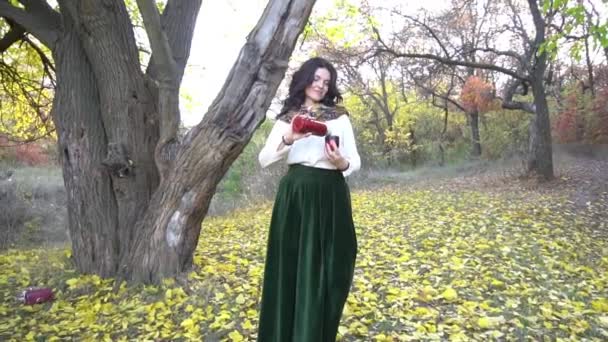 Woman Holding Thermos Iron Mug Pouring Hot Tea Outdoors Autumn — Stock video