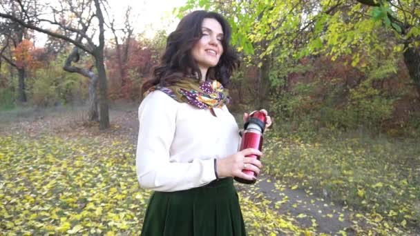 Slow Motion Beautiful Woman Drinking Hot Drink Tea Outdoors Autumn — Video