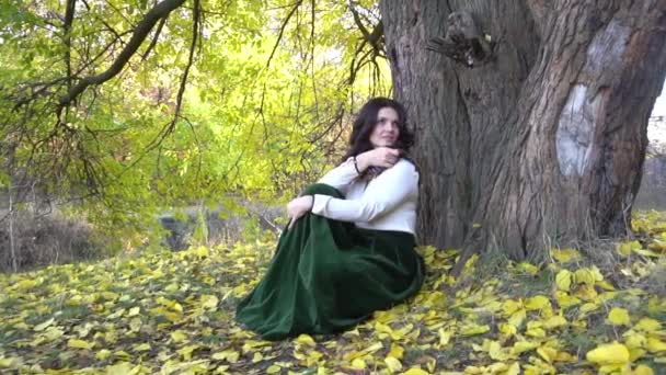 Slow Motion Beautiful Woman Sitting Tree Autumn Park Fallen Leaves — Video