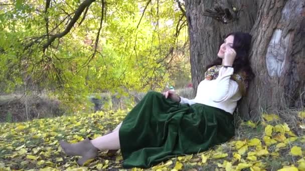 美しい秋の公園の木の下に夢のように座っている美しい女性 — ストック動画