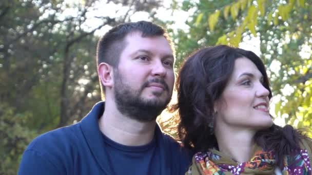 Slow Motion Couple Autumn Park Man Wife — Stockvideo