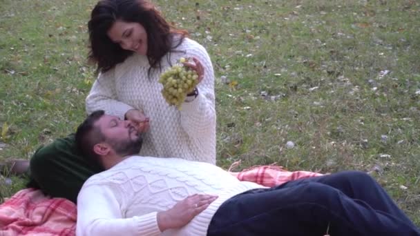 Slow Motion Young Happy Couple Autumn Park Golden Autumn — Stock videók