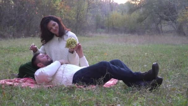 Romantic Couple Enjoys Wonderful Day Lying Blanket Autumn Season — Video Stock