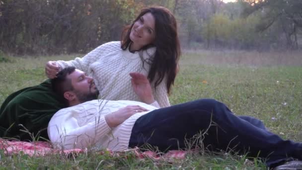 Slow Motion Romantic Couple Autumn Park — Stockvideo