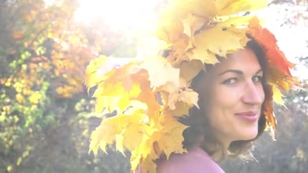 Beautiful Woman Wreath Autumn Leaves — Stockvideo