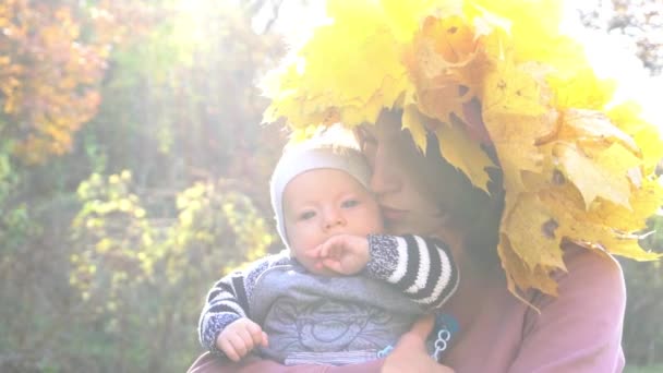 Slow Motion Happy Son Mother Relax Autumn Forest — Vídeos de Stock