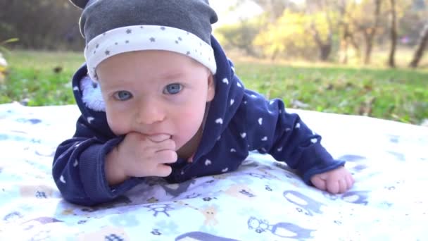 Slow Motion Small Stylish Baby Toddler Sunny Autumn Day — Wideo stockowe