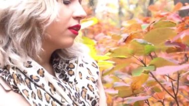 Neşeli ve mutlu bir şekilde gülümseyen kadın sonbahar yapraklarını renkli bir sonbaharda dışarıda tutuyor.