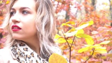 Slow Motion Autumn kadını sonbahar parkında. Sıcak güneşli hava. Sonbahar kavramı