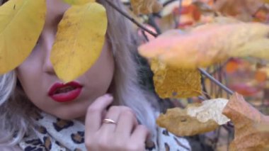 Slow Motion Güzel mutlu kadın Sonbahar sarı yaprağı yüzüne yakın