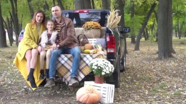 Slow Motion Happy Family Having Fun at the Pumpkin Patch Farm.