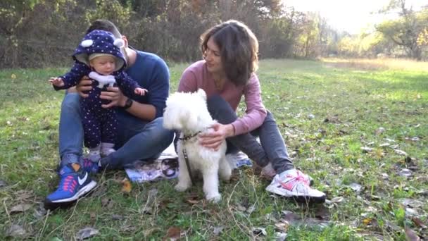 Slow Motion Happy Famille Avec Chien Dans Parc Automne — Video