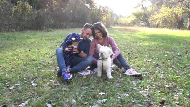 Lento Movimento Sorridente Giovane Famiglia Con Cane Una Giornata Autunnale — Video Stock