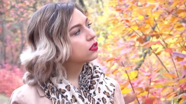Slow Motion Happy Pretty Blonde Girl Walking Autumn Park — Video Stock