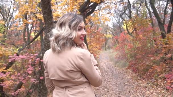 Slow Motion Beautiful Woman Walks Autumn Forest — Video Stock