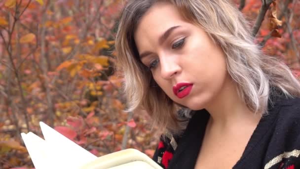 Αργή Κίνηση Νεαρή Γυναίκα Διαβάζει Φθινόπωρο Δάσος — Αρχείο Βίντεο