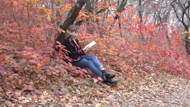 Slow Motion Ordinary Young Woman Dreams Autumn Tree — Stok video