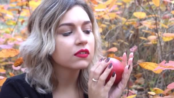 Slow Motion Young Woman Apple Her Hand Autumn Forest — Video Stock