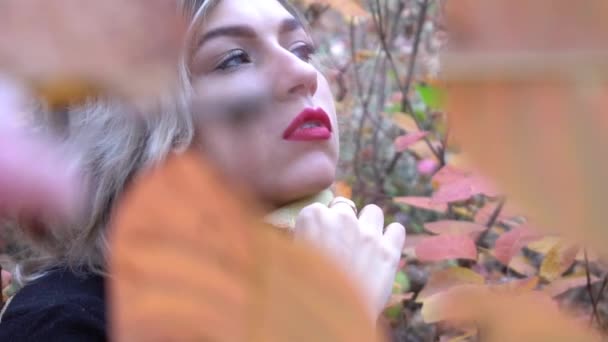 Slow Motion Moda Jesienny Portret Stylowej Kobiety Pozowanie Park — Wideo stockowe