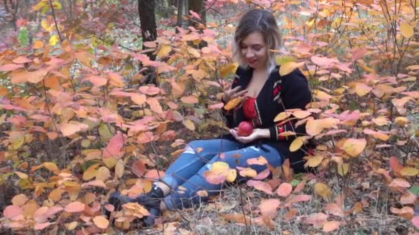 Slow Motion Young Woman Apple Her Hand Autumn Forest — Video Stock