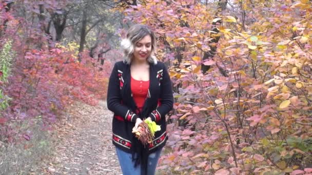 Slow Motion Happy Beautiful Girl Throwing Leaves Air Autumn Park — Stockvideo