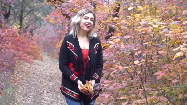 Женщина Slow Motion Сбрасывает Листья Осеннем Парке — стоковое видео