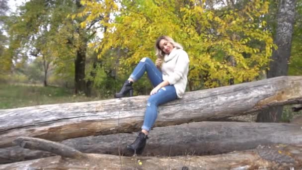 Autumn Portrait Young Woman Fall Colors Outdoors — Stock video