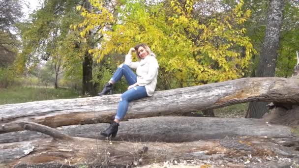 Slow Motion Attractive Blond Woman Autumn Leaves Outdoors — Video