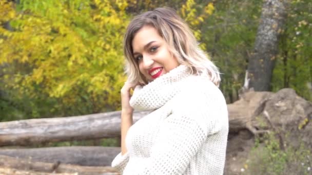 Slow Motion Happy Woman Posing Autumn Park — Vídeo de Stock