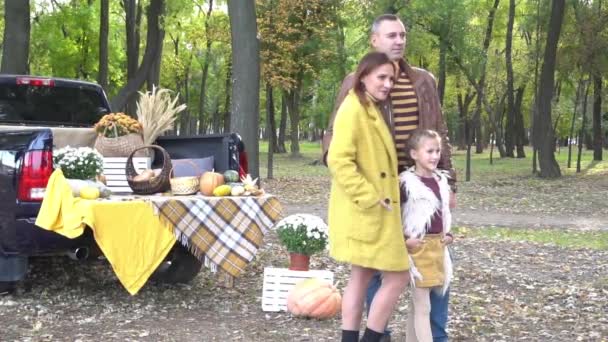 Slow Motion Happy Family Sitting Outdoor Halloween — Stockvideo